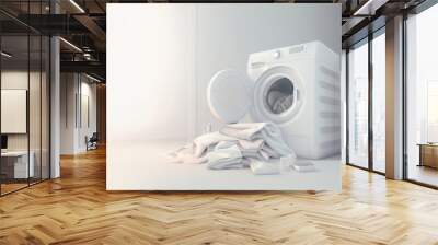 generic white washing machine with pile of laundry clothes with copy space Wall mural