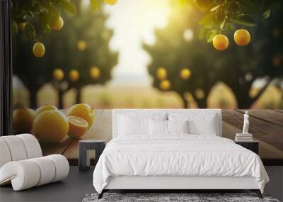 golden hour lemon citrus fruits on wooden table with trees field on morning sunshine background with copyspace area Wall mural