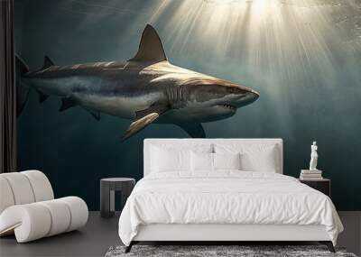 killer shark swimming underwater under sea life with bubbles and sunbeams in blue deep water, sealife wide banner poster with copyspace Wall mural