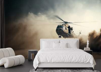 military chopper crosses crosses fire and smoke in the desert, wide poster design with copy space area Wall mural