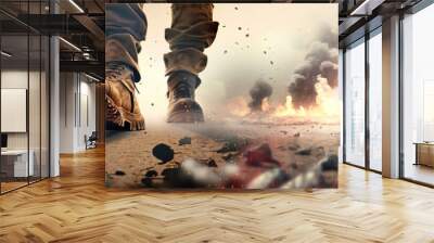 military special forces soldiers crosses destroyed warzone through fire and smoke in the desert, wide poster design with copy space area - Generative AI Wall mural