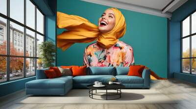 modern colorful stylish outfit photoshoot of a muslim hijab woman in dynamic shot happy and positive for modest trendy arab women fashion as wide banner with copysapce area - Generative AI Wall mural