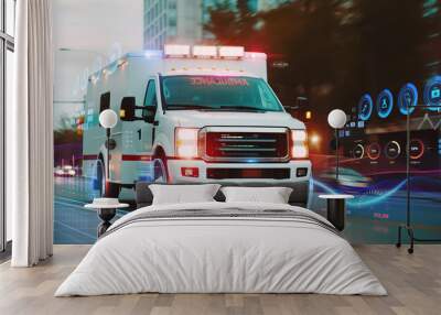 quick response medical ambulance vehicle or truck speeding on the way for accident or health care emergency services concepts as wide banner with infographic information Wall mural