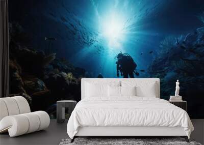 scuba drivers through tunnel under the ocean with fish and undersea life wonders around them as wide banner design with big copyspace area Wall mural