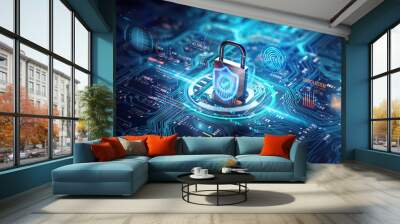 secure connection or cybersecurity service concept of compute motherboard closeup and safety lock with login and connecting verified credentials as wide banner design - Generative AI Wall mural