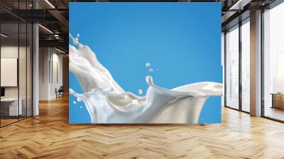 splattered milk splash, pouring white liquid flow for low, full, skimmed fat dairy products over blue clean isolated background as wide commercial banner design with copyspace Wall mural