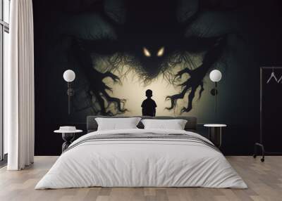 strong kid challenge his nightmares and imaginary monster, children psychology and personality confidence or sleeping disorder concepts as wide banner poster design with copy space Wall mural