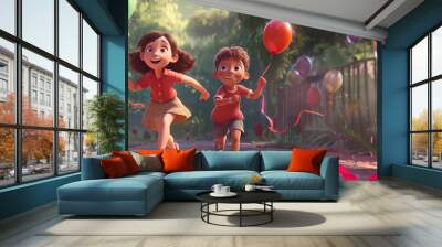 two friends or siblings boy and elder girl running with joy with flying colorful balloons and ribbons in a festive environment as wide banner with copy space area - Generative AI Wall mural