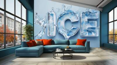 wide banner of water liquid h2o or ice text work in pure transparent flowing ripples and splashes, pure drinking water or ice frost cold aqua as poster effect design Wall mural