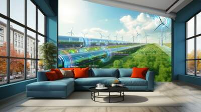 windmills turbines in a natural field for wind generation of hydrogen out of air or water into pipeline, Green hydrogen nitrogen to form nitrogen fertilizer production banner concept Wall mural