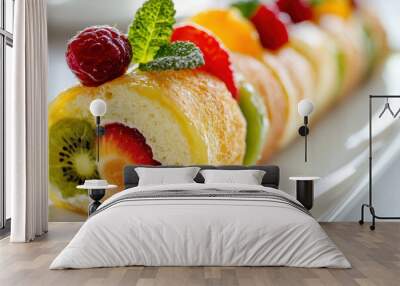 A long pastry with strawberries, kiwi, and raspberries on top Wall mural