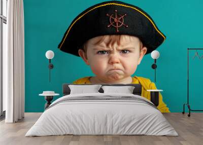 A young child wearing a pirate hat and holding a compass looks displeased against a vibrant turquoise background. Wall mural