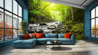 Mountain River in the wood Wall mural