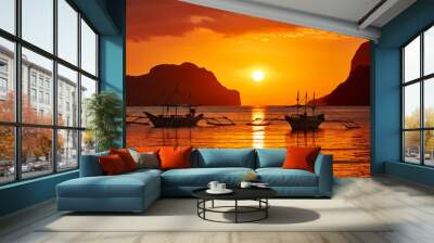 Traditional filippino boats at El Nido bay in sunset lights. Palawan Wall mural