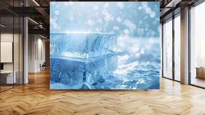 2 stacks mockup of  Blue Ice Podium, crystal clear, front view focus, amidst a Snowy Winter, magical and serene for cool tone products, banner for advertising Wall mural