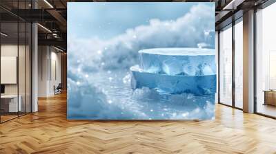 2 stacks mockup of Cool Blue Ice Podium, crystal clear, front view focus, amidst a Snowy Winter Wonderland Background, magical and serene for cool tone products, banner for advertising Wall mural