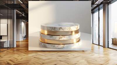 2 stacks mockup of Luxurious circular podium, glossy gold marble, ambient soft lighting, against a sleek, minimalist white space, essence of sophistication Wall mural