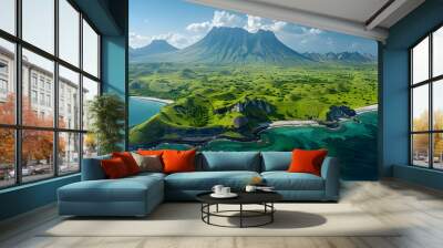 8k, Top view widescreen of Seascape The wonders of the Galapagos ecosystem, A tropical underwater scene with fish, coral reefs, and a diver in the blue ocean Wall mural