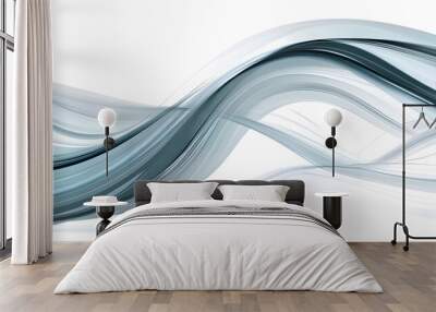 A flat vector illustration of a flowing ribbon in the wind, smooth wavy lines, soft blue fabric with subtle shading, abstract wind lines curving around the ribbon. White background Wall mural