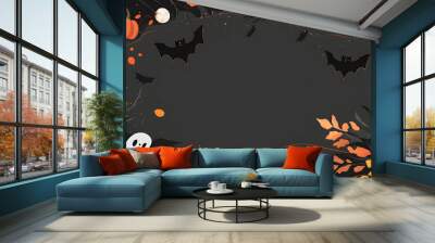 A vector illustration flat color of Child's Halloween style wallpaper, dark gray background with decoration and large blank space in the center for text Wall mural