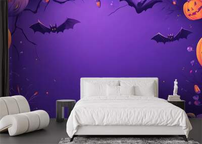 A vector illustration flat color of Child's Halloween style wallpaper, fade purple background with  decoration and large blank space in the center for text Wall mural