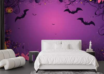 A vector illustration flat color of Child's Halloween style wallpaper, fade purple background with pink purple decoration and large blank space in the center for text Wall mural