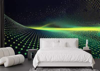 A vector illustration of a fast-paced technology concept, flat colors with a gradient from black to neon green. Dots and lines create a dynamic, perspective-based web, with the vanishing point Wall mural