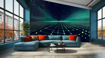 A vector illustration of a fast-paced technology concept, flat colors with a gradient from black to neon green. Dots and lines create a dynamic, perspective-based web, with the vanishing point Wall mural