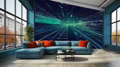 A vector illustration of a fast-paced technology concept, flat colors with a gradient from black to neon green. Dots and lines create a dynamic, perspective-based web, with the vanishing point Wall mural