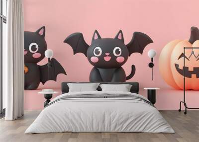 A vector set of 3 Halloween characters in 3d clay design, including a Black cat, a Bat with the silly face, and an cute Pumpkin, adorable and festive, isolated on a clean background Wall mural