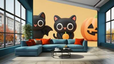 A vector set of 3 Halloween characters in 3d clay design, including a Black cat, a Bat with the silly face, and an cute Pumpkin, adorable and festive, isolated on a clean background Wall mural