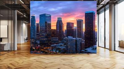 Modern cityscape of Los Angeles City with skyscrapers and highways, Los Angeles river in the background at dusk, illuminated by street lights. A Vincent Thomas bridge connecting two parts of downtown Wall mural