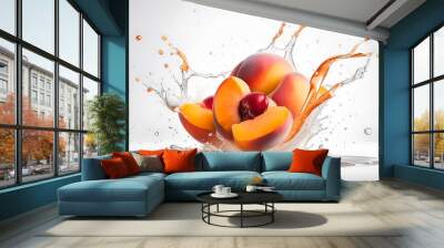 Peaches with splashes of juice close-up, isolated on a white background Wall mural