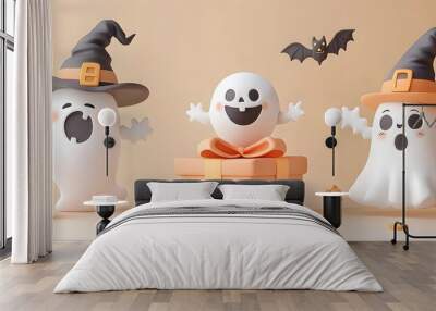 set of 3 Halloween cute characters in 3d clay design, including a gift box in a kawaii Happy Halloween concept, adorable and festive, isolated on a clean background Wall mural