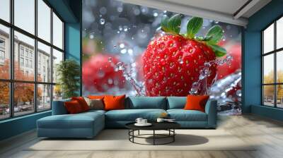 water splashing onto strawberry, in the style of cleared background, Fresh, clean fruit juice with strawberry flavor, strawberry flavored fruit drinks, fresh fruit products from organic gardens. Wall mural