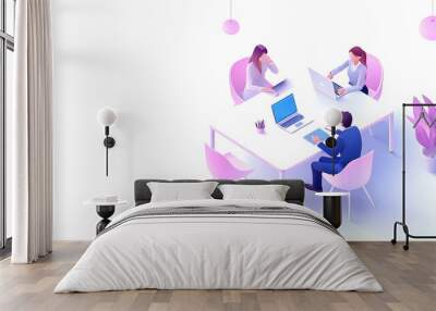 Work from homer: A minimalist illustration of two women focused on their laptops, showcasing collaboration, communication, and teamwork in a modern office setting.   Wall mural