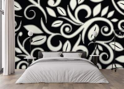 black and white or transparent floral seamless pattern with dots Wall mural