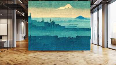 Blue atmospheric port city scenery, modern, retro, traditional and classic Japanese Ukiyo-e style design elements in the style of Katsushika Hokusai with Japanese paper textures generated by Ai Wall mural