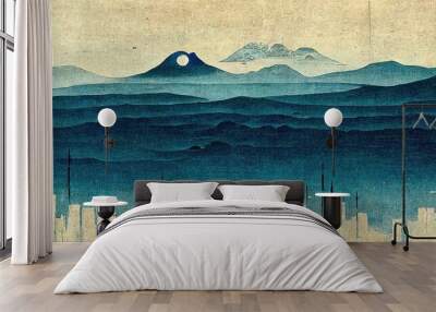 Blue mountains behind the city, modern, retro, traditional and classic Japanese Ukiyo-e style design elements in the style of Katsushika Hokusai with washi paper texture generated by Ai Wall mural