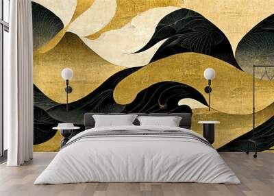 Contemporary artistic Japanese style ukiyoe with black mountain curves on a gold background, folding screen atmosphere, abstract, elegant, delicate, luxurious, retro dramatic graphic design elements. Wall mural