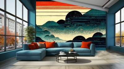 Cyberpunk blue mountains, modern, retro, traditional and classic Japanese Ukiyo-e style design elements in the style of Katsushika Hokusai with Japanese paper textures generated by Ai Wall mural