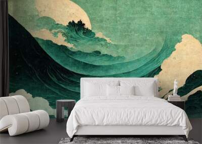 Emerald green dynamic wave, Japanese paper texture Katsushika Hokusai style modern retro traditional classic Japanese ukiyoe style design element generated by Ai Wall mural