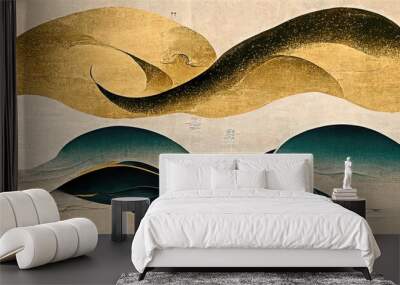 Gold waves, folding screen, traditional wave painting with green accents, white background, Katsushika Hokusai style like Ukiyoe, several wave patterns in Japanese style, abstract, retro and elegant Wall mural