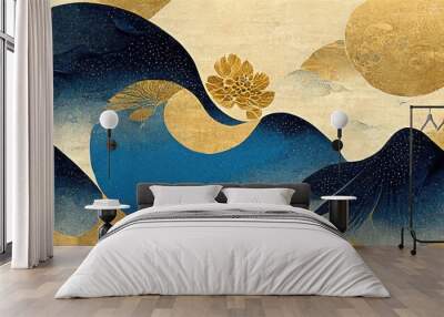 Japanese textures like gold, blue and black wavy shapes Japanese traditional graphics, contemporary art style, fine detail, fluid liquid-like striking elegant, delicate, luxurious and dramatic design  Wall mural