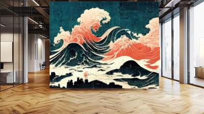 Modern, retro, traditional and classic Japanese Ukiyo-e style design elements in the style of Katsushika Hokusai with orange, blue and white waves and Japanese paper textures generated by Ai Wall mural