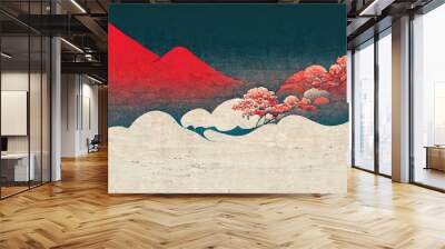 Red mountains, blue sky and white clouds, modern, retro, traditional and classic Japanese Ukiyo-e style design elements in the style of Katsushika Hokusai with Japanese paper texture generated by Ai Wall mural