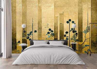 Retro dramatic graphic design elements with golden bamboo forests, flower fields and plants, Japanese style ukiyoe, folding screen atmosphere, abstract, elegant, delicate and luxurious. Wall mural