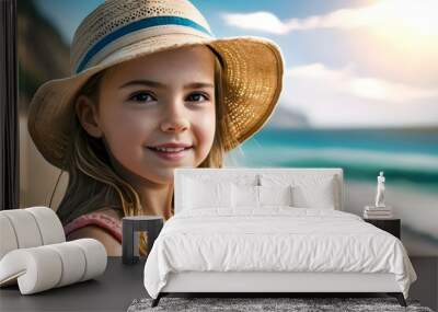 A cute girl wearing hat is in beach during a summer holiday vacation Wall mural