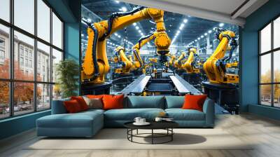 Automotive Factory Production Line: Industrial Robots and Machinery in Car Manufacture Wall mural