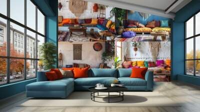 A bohemian-style lounge with colorful cushions, a macram?(C) wall hanging, and a low wooden table. Wall mural